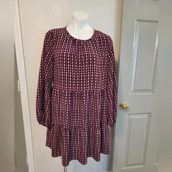 LDT Polka Dot Jewel Neck long Sleeve Ruffled Poof Waistless Dress(12)NWT
